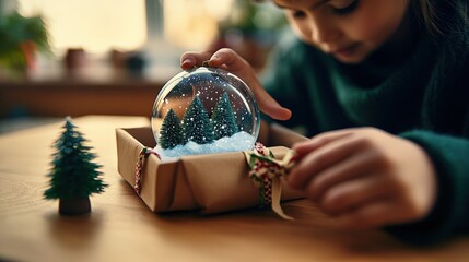 Young girl creating a snow globe with colorful materials and a festive atmosphere in a cozy setting