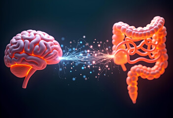 A glowing digital illustration represents the brain-gut axis, showing the connection between the brain and intestines through neural network-like lines.