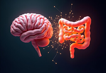 A glowing digital illustration represents the brain-gut axis, showing the connection between the brain and intestines through neural network-like lines.