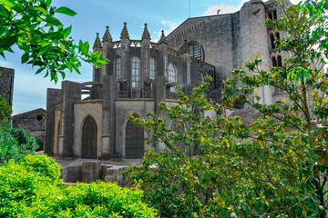 Catedral de Girona un d&iacute;a soleado con cielo azul y nubes. Desde Gerona, Catalu&ntilde;a, Espa&ntilde;a, Europa.