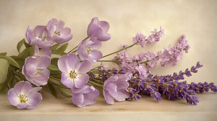 A stunning still-life painting of delicate cherry blossoms and lush lavender tulips, set against a warm beige background