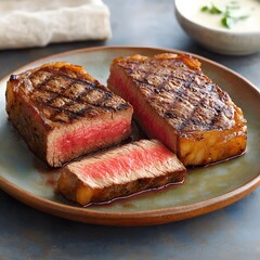 Juicy Grilled Steak Slices on Plate, Delicious Food Photography