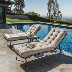 Elegant outdoor chaise lounges with side tables near a blue mosaic pool in a garden setting. Relaxing seating area for comfort and leisure.