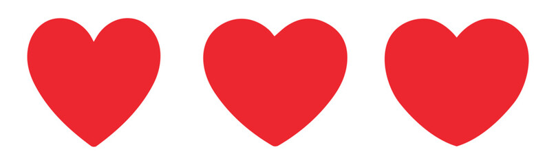 Set of hearts in red color with white background, red heart icons set. Set of 3 hearts of different shapes for web. Heart collection. heart, hearts, vector, symbols, icons.