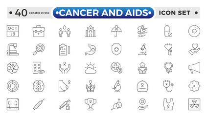 Cancer and AIDS icon set. Containing tumor, oncology, chemotherapy, biopsy, radiotherapy, ribbon, breast cancer, remission and more. Editable stroke outline icon.
