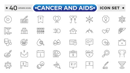 Cancer and AIDS icon set. Containing tumor, oncology, chemotherapy, biopsy, radiotherapy, ribbon, breast cancer, remission and more. Editable stroke outline icon.
