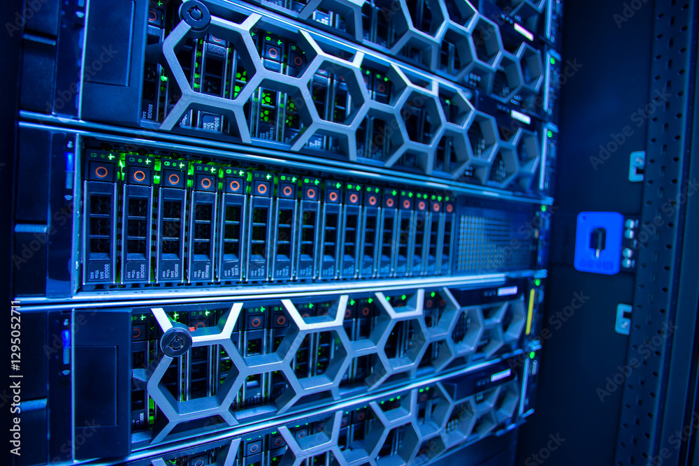 Wall mural high-tech data center with network servers and glowing lights