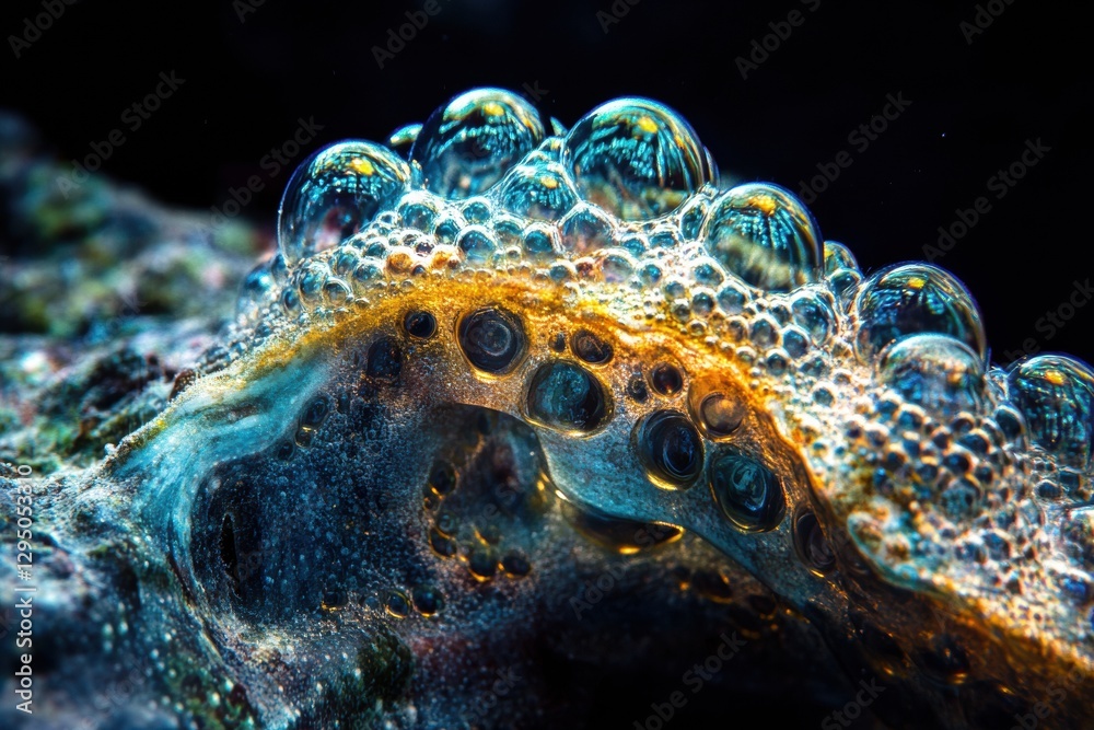 Poster underwater gas bubbles glow with vibrant colors in a dark oceanic landscape during daylight hours. g