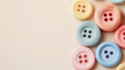Colorful Buttons and Yarn on Neutral Background for Craft Projects