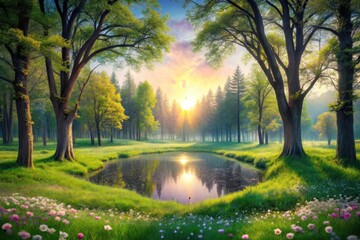 Obraz premium Serene Sunrise Over a Tranquil Pond in a Lush Green Forest with Vibrant Wildflowers