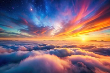 Serene Sunrise Above a Sea of Clouds with Vibrant Hues and Starry Night Sky
