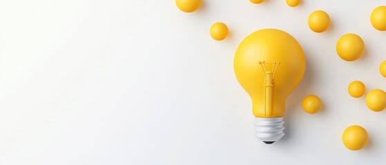 Bright Yellow Light Bulb Surrounded by Spheres on a Clean White Surface Representing Innovation and New Ideas