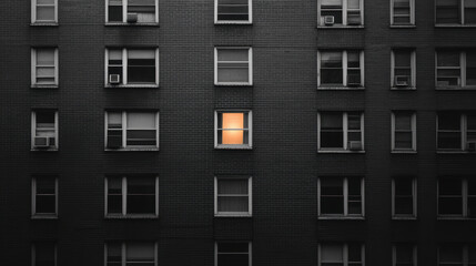 monochrome cityscape featuring single lit window amidst darkened buildings evokes sense of solitude and intrigue