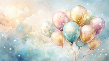 Fototapeta premium Pastel Balloons Ascending Through a Dreamlike Watercolor Sky, Embellished with Golden Confetti