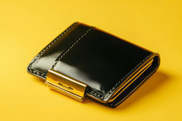 lack leather wallet isolated on yellow background