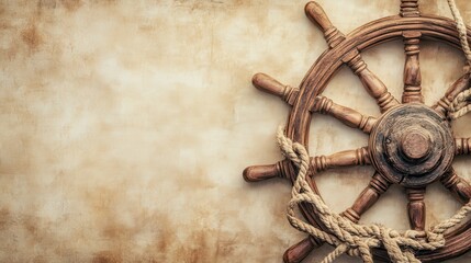 Fototapeta premium Vintage Wooden Ship Wheel with Rope against Old Textured Background