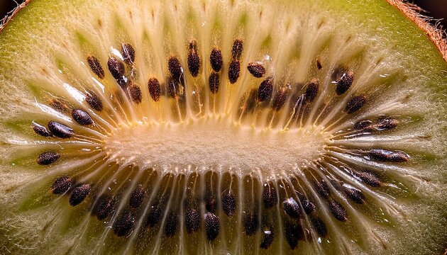 Generated Ultra macro of kiwi skin, revealing fuzzy brown hairs in high detail, showcasing the unique texture and natural pattern of the fruit’s surface.