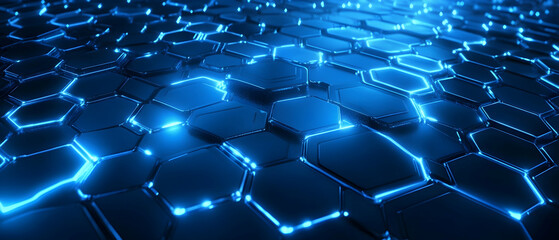 Obraz premium Abstract futuristic background with hexagons and blue neon lights -