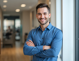 Obraz premium Handsome smiling businessman in blue shirt standing with arms crossed