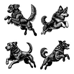 Fototapeta premium Dog jump run Tattoo engraving vector illustration