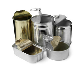 Many open tin cans isolated on white