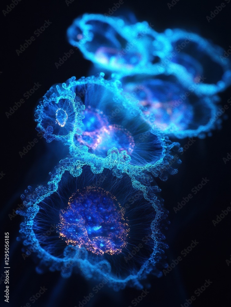 Poster Glowing gas bubbles create ethereal patterns beneath the surface of clear blue water. Generative AI