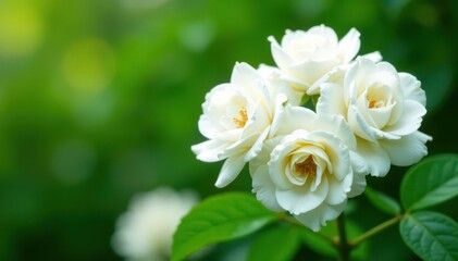 Dense cluster of snowy white rose blossoms, vibrant green leaves , fresh, plant