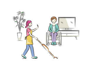 家事代行でシニア女性の家を掃除をするヘルパー｜介護看護シリーズ © Biiton Illustration
