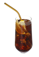 Refreshing cola with slices of lemon, ice cubes and drinking straw in glass isolated on white
