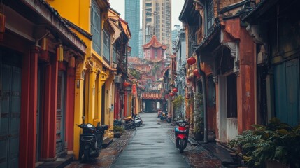 Fototapeta premium Vibrant street scene in a historic district with colorful buildings and scooters under a cloudy sky