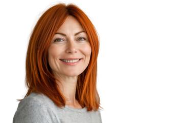 Close-up portrait of a beautiful mature woman with red hair, smiling on face, isolated on transparent background