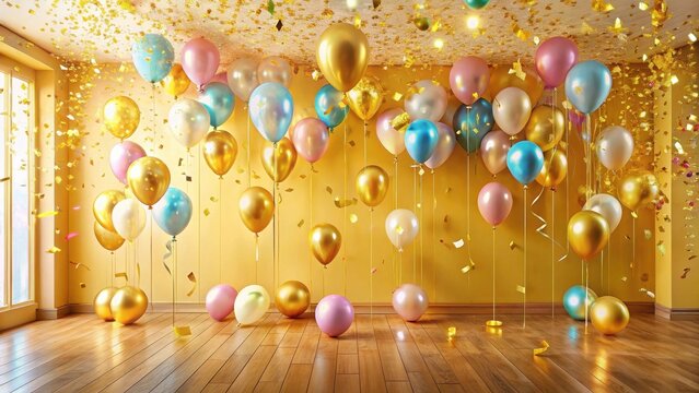 A room filled with colorful balloons and gold confetti, celebrating a joyous occasion