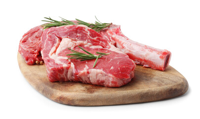 Pieces of raw beef meat and rosemary isolated on white