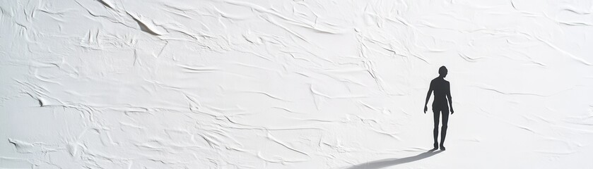 Obraz premium A small, shadowy black figure stands confidently in front of a stark, bright white wall, creating contrast.