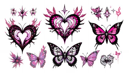 Heart and Butterfly Pink and Black Tattoo Style Collection Illustration