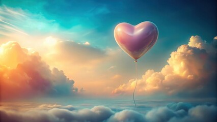 Fototapeta premium A heart-shaped balloon floats serenely amidst a breathtaking sunset, soaring high above a boundless expanse of fluffy clouds.