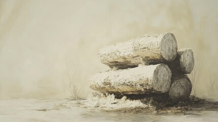 Fototapeta premium Rustic Stacked Logs in Serene Natural Environment with Soft Tones