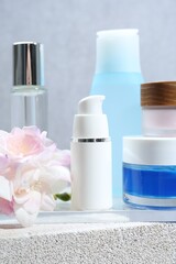 Presentation of body care products against blurred background