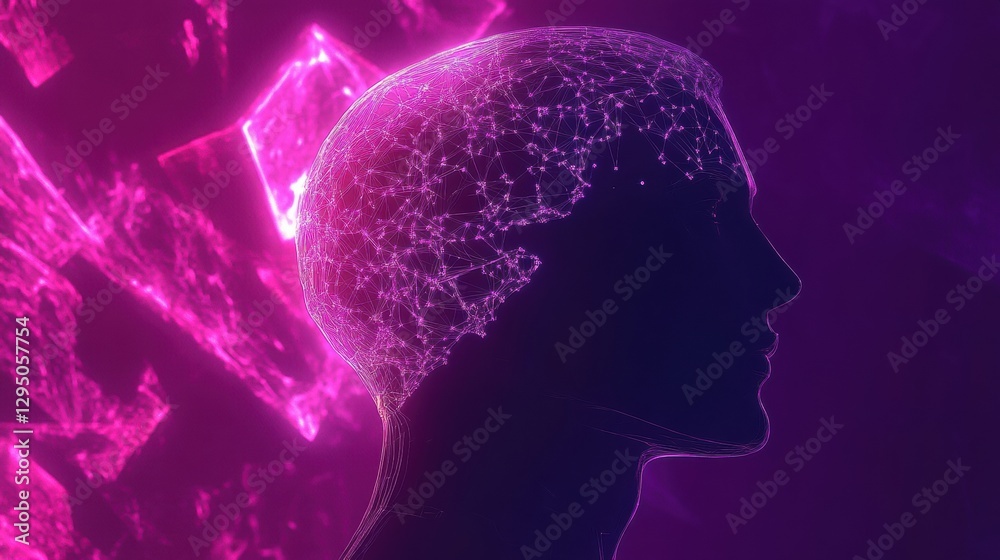 Aufkleber Interconnected AI nodes illuminate a human head silhouette against a cosmic cyberpunk backdrop filled with digital patterns. Generative AI