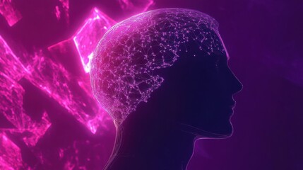 Interconnected AI nodes illuminate a human head silhouette against a cosmic cyberpunk backdrop filled with digital patterns. Generative AI