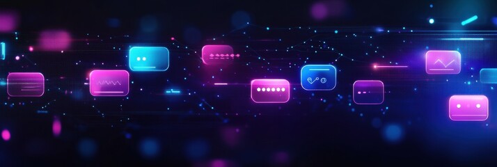 Fototapeta premium Floating message bubbles and glowing notifications illustrate a vibrant social media chat interface in a digital landscape. Generative AI