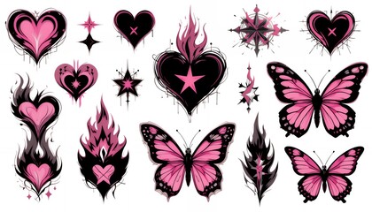 Fototapeta premium Pink and Black Tattoo Designs Hearts Butterflies Stars and Flames