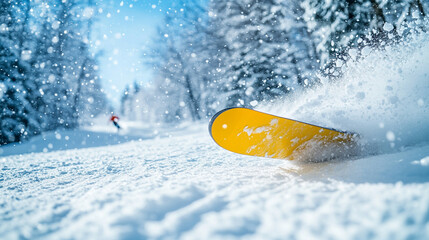 A close-up of a ski carving through fresh snow, with snowflakes flying in the air under a bright sun on a modern mountain slope, symbolizing adventure and winter sports
