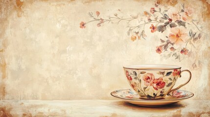 Vintage Floral Tea Cup with Elegant Design and Soft Background