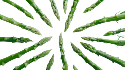 Fresh green asparagus spears converging on transparent background