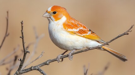 Fototapeta premium Orange and white canary perched on a branch, nature background