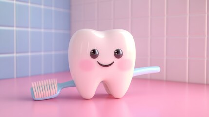 White cartoon Tooth with toothbrush, dental character or mascot,Oral health and dental inspection teeth, 3d rendering.