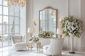 Luxurious white living room with flowers, elegant d?cor, perfect for a photoshoot