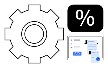 Gear icon representing settings or mechanical function, percentage symbol indicating interest or finance. Document with checklist on tablet screen displaying PAY button. Ideal for finance