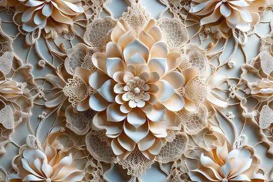 Elegant 3D Lace Background with Floral Design in Cream and Ivory Abstract Textile Art Showcasing Delicate Craftsmanship
